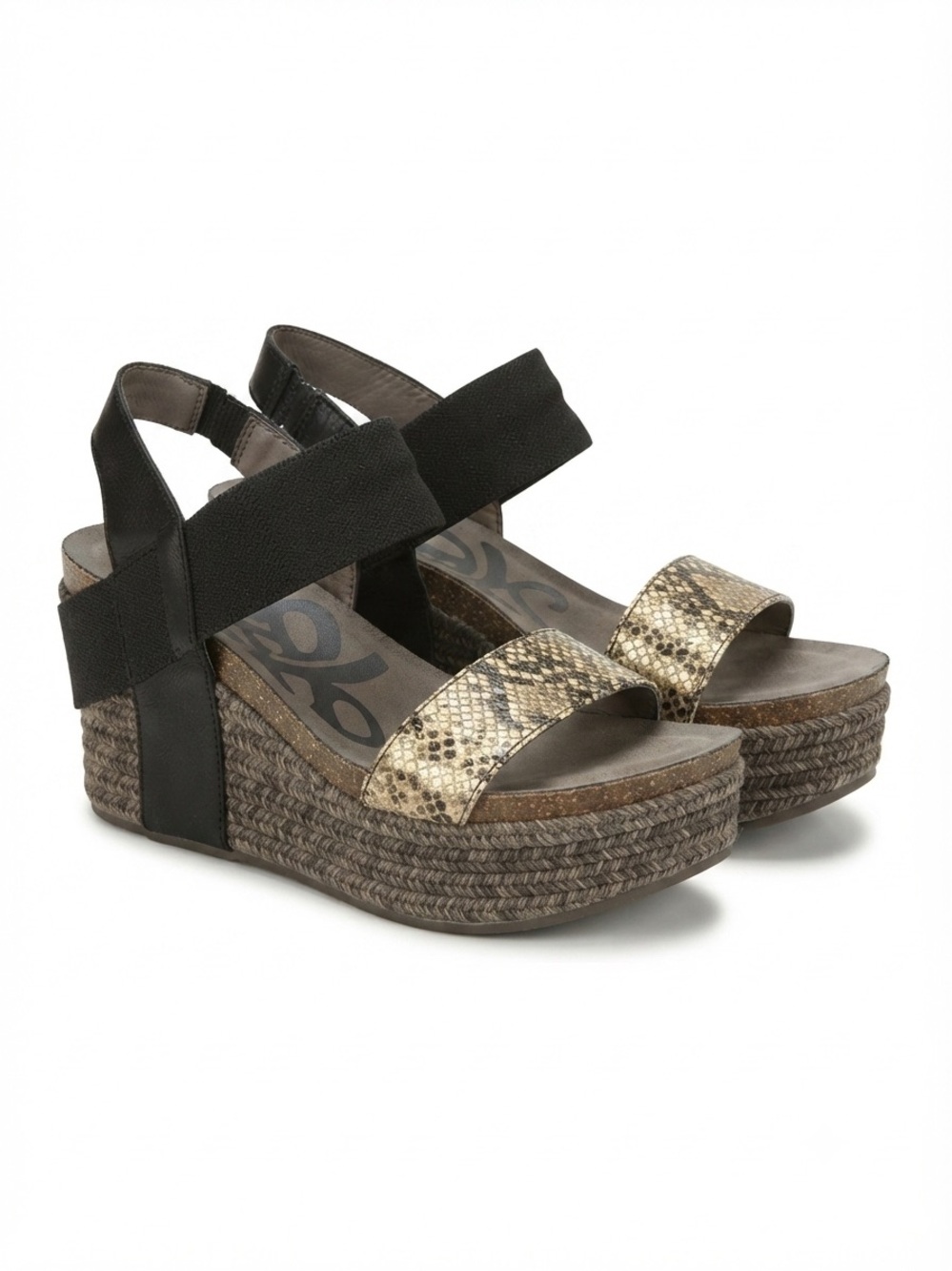 Wedge Espadrille Sandals with Metallic Snake-Print Strap - Black & white